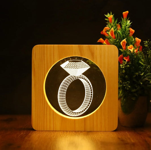 Diamond Ring 3D LED Arylic Wooden Night Light Lamp